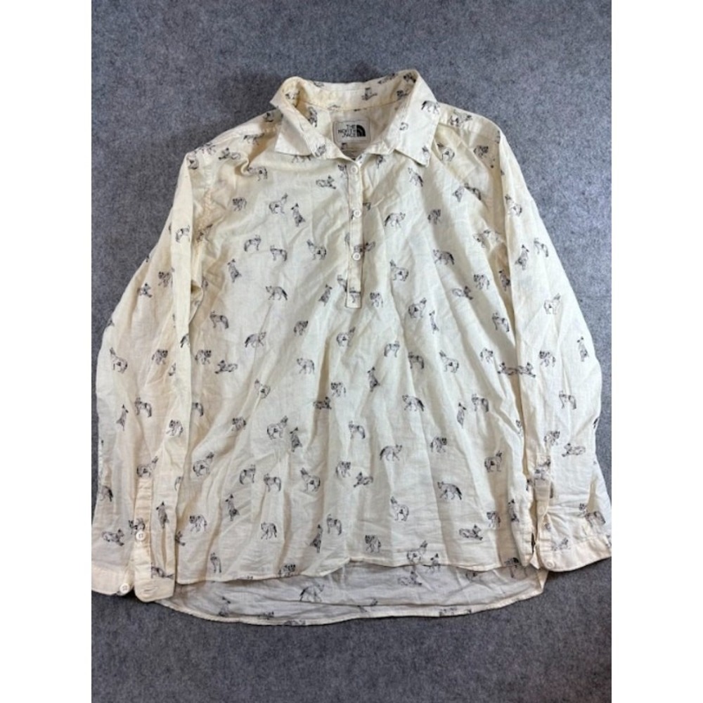 The North Face Womens Large Beige Dog Wolf All Over Print Long Sleeve Shirt